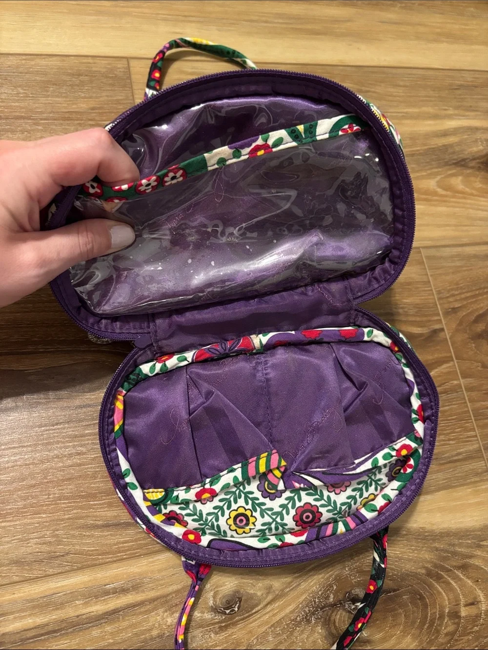 Floral Quilted Multi-Zip Cosmetic Bag - Purple & Green
